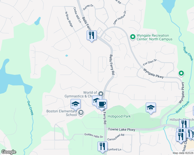 map of restaurants, bars, coffee shops, grocery stores, and more near 262 North Briar Ridge in Woodstock