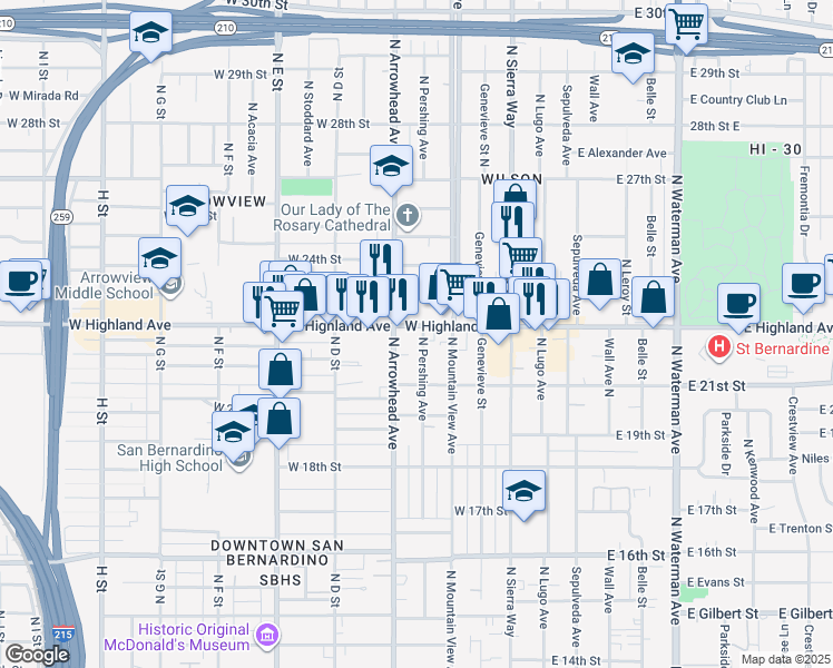 map of restaurants, bars, coffee shops, grocery stores, and more near 265 West Highland Avenue in San Bernardino