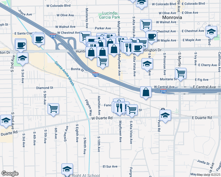 map of restaurants, bars, coffee shops, grocery stores, and more near 530 Diamond Street in Monrovia