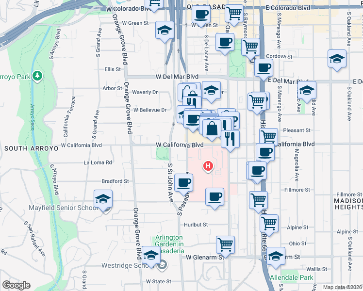 map of restaurants, bars, coffee shops, grocery stores, and more near in Pasadena