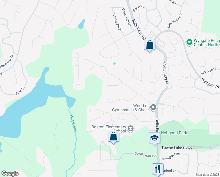 map of restaurants, bars, coffee shops, grocery stores, and more near 205 Captains Quarters in Woodstock