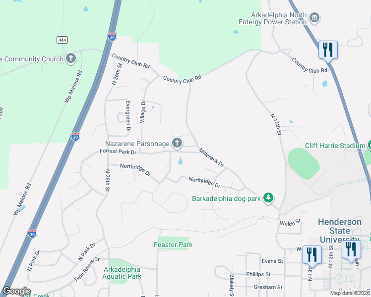 map of restaurants, bars, coffee shops, grocery stores, and more near 1806 Forrest Park Drive in Arkadelphia