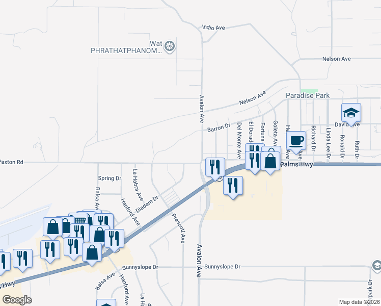 map of restaurants, bars, coffee shops, grocery stores, and more near Paxton Road in Yucca Valley