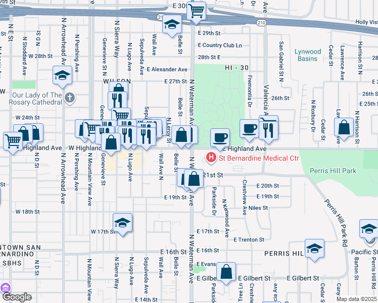 map of restaurants, bars, coffee shops, grocery stores, and more near 297 East Highland Avenue in San Bernardino