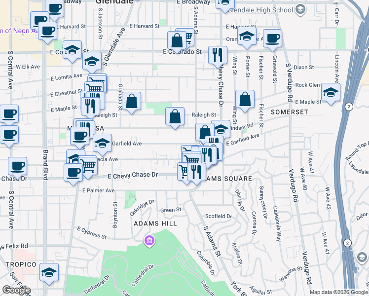 map of restaurants, bars, coffee shops, grocery stores, and more near 1004 East Garfield Avenue in Glendale
