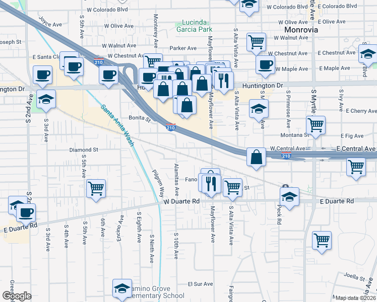 map of restaurants, bars, coffee shops, grocery stores, and more near 546 Diamond Street in Monrovia