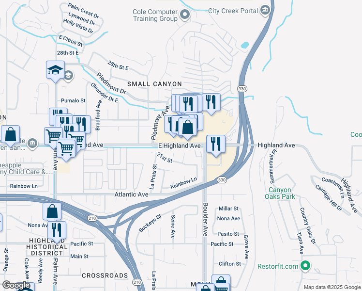 map of restaurants, bars, coffee shops, grocery stores, and more near 27715 East Highland Avenue in Highland