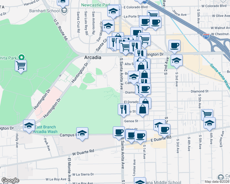 map of restaurants, bars, coffee shops, grocery stores, and more near 405 South Santa Anita Avenue in Arcadia