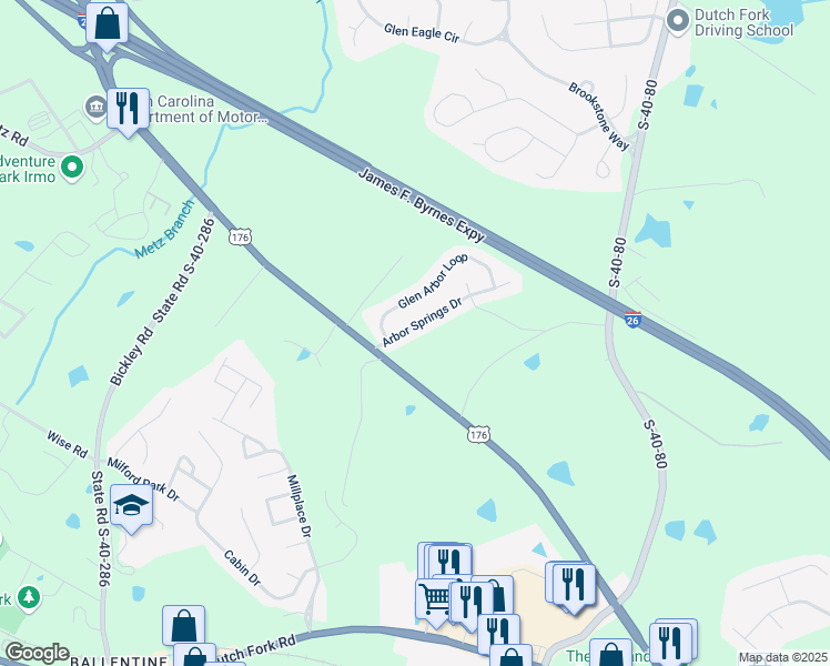map of restaurants, bars, coffee shops, grocery stores, and more near 124 Arbor Springs Drive in Irmo