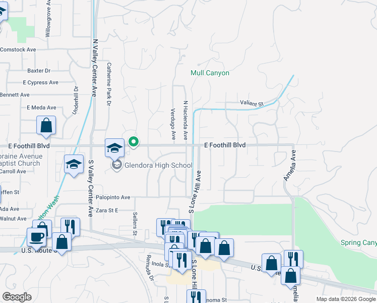 map of restaurants, bars, coffee shops, grocery stores, and more near 112 South Hacienda Avenue in Glendora