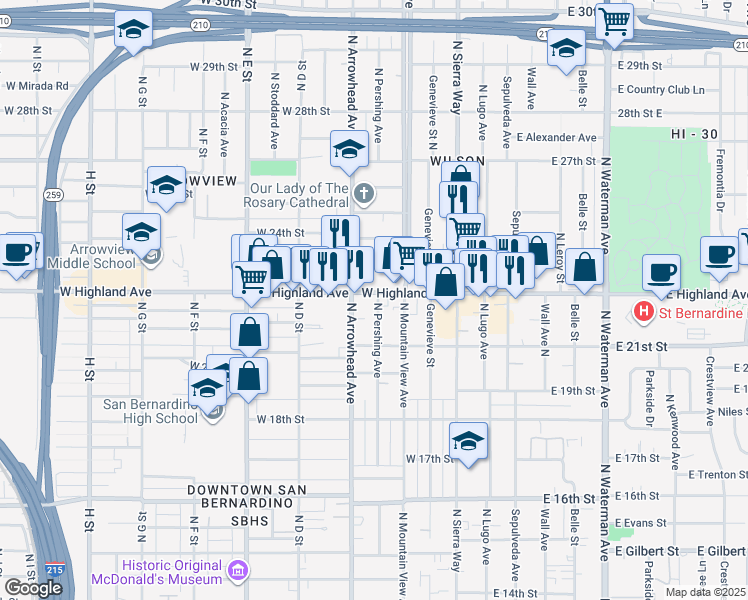 map of restaurants, bars, coffee shops, grocery stores, and more near 265 West Highland Avenue in San Bernardino