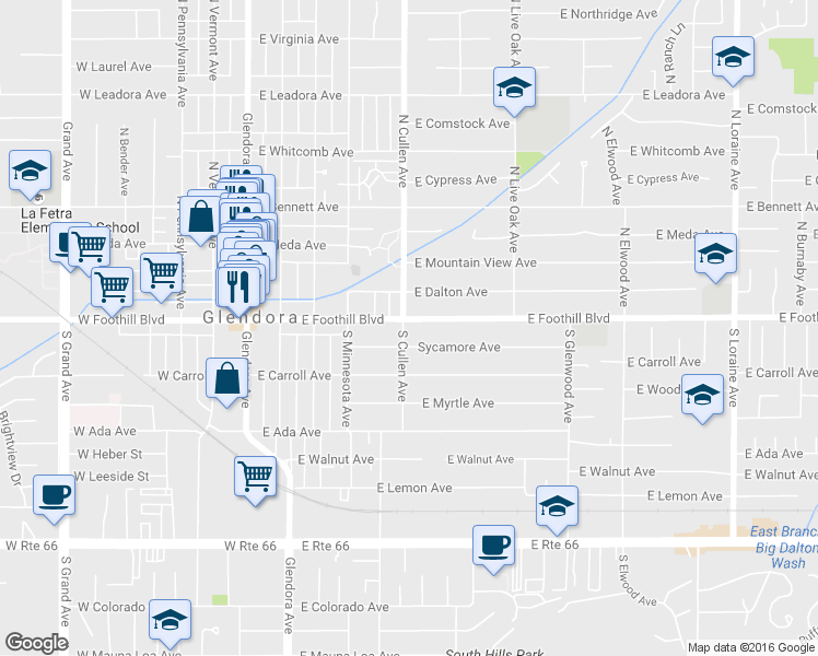 map of restaurants, bars, coffee shops, grocery stores, and more near 504 East Foothill Boulevard in Glendora
