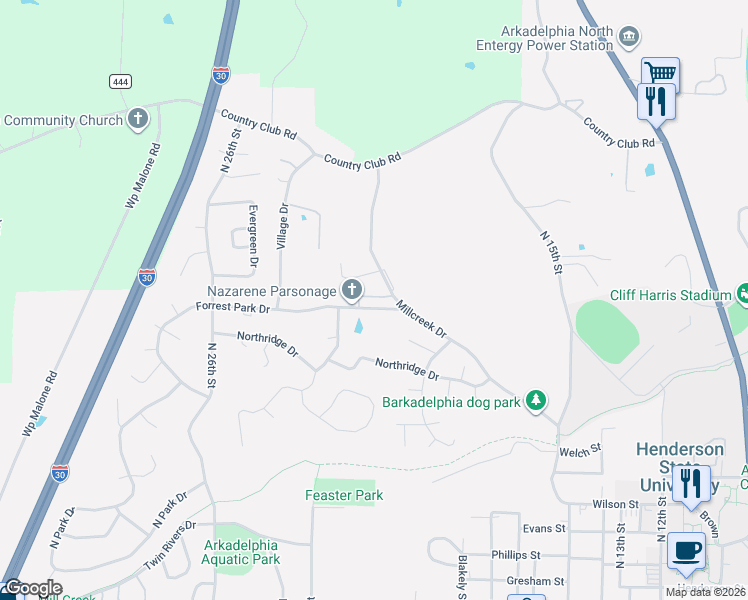 map of restaurants, bars, coffee shops, grocery stores, and more near 1806 Forrest Park Drive in Arkadelphia