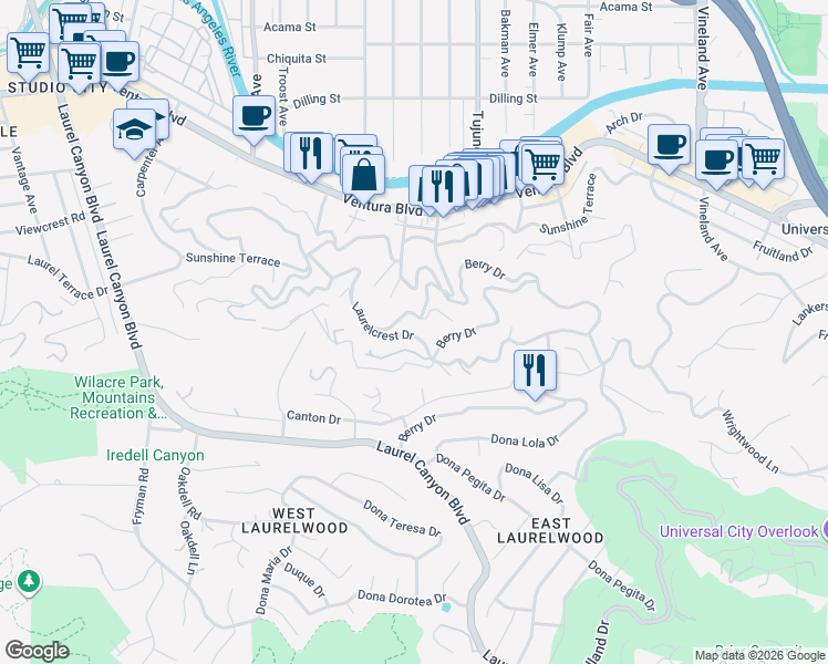 map of restaurants, bars, coffee shops, grocery stores, and more near 11439 Laurelcrest Drive in Los Angeles