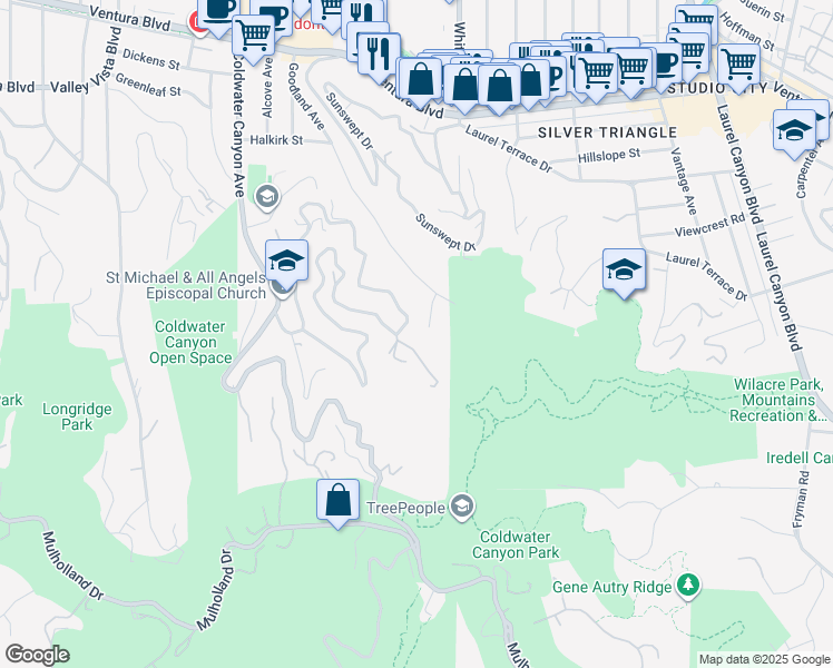 map of restaurants, bars, coffee shops, grocery stores, and more near 3623 Goodland Drive in Los Angeles
