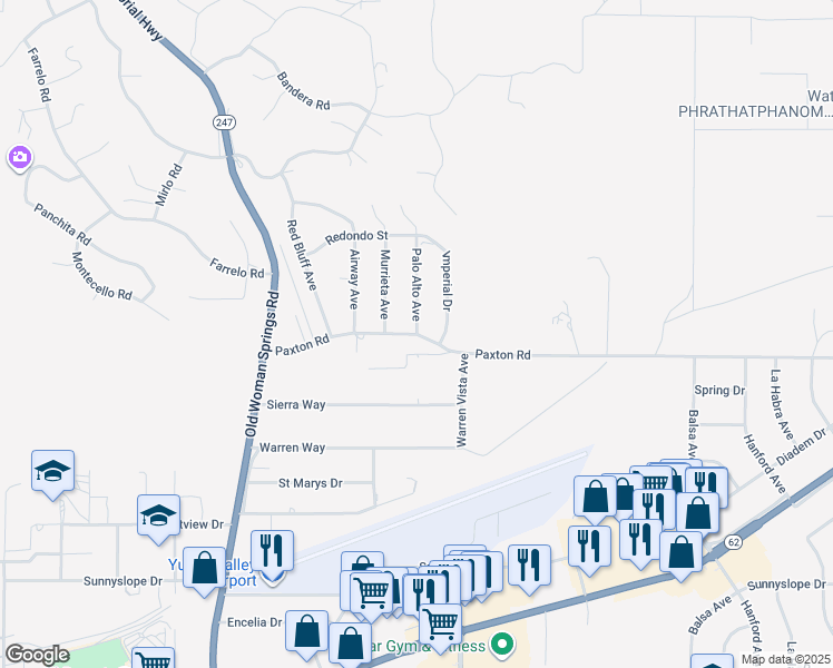 map of restaurants, bars, coffee shops, grocery stores, and more near Palo Alto Avenue in Yucca Valley