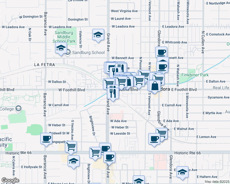 map of restaurants, bars, coffee shops, grocery stores, and more near 440 W Foothill Blvd in Glendora
