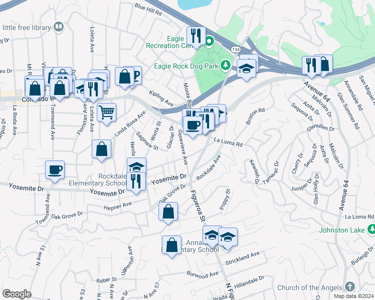 map of restaurants, bars, coffee shops, grocery stores, and more near 4914 Genevieve Avenue in Los Angeles