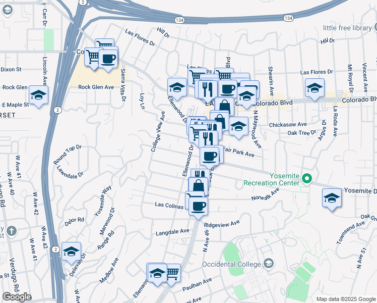map of restaurants, bars, coffee shops, grocery stores, and more near 2318 Yosemite Drive in Los Angeles