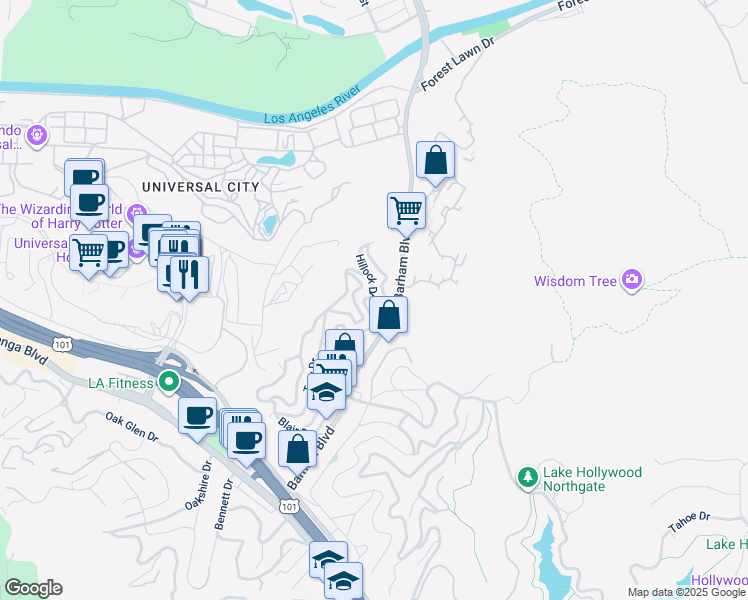 map of restaurants, bars, coffee shops, grocery stores, and more near 3234 Hillock Drive in Los Angeles