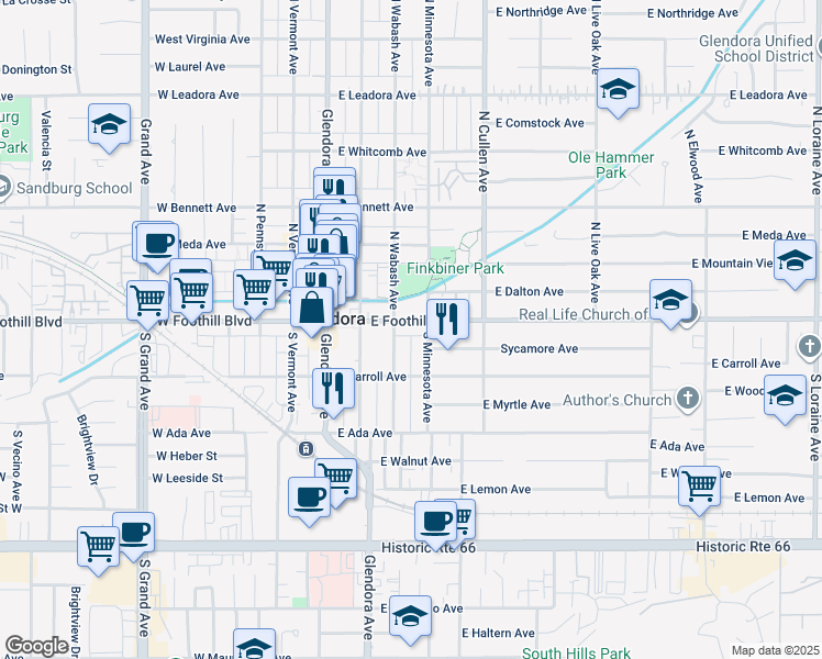 map of restaurants, bars, coffee shops, grocery stores, and more near 316 East Foothill Boulevard in Glendora