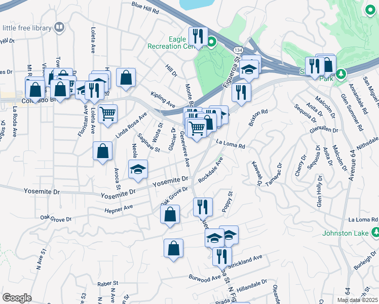 map of restaurants, bars, coffee shops, grocery stores, and more near 4914 Genevieve Avenue in Los Angeles