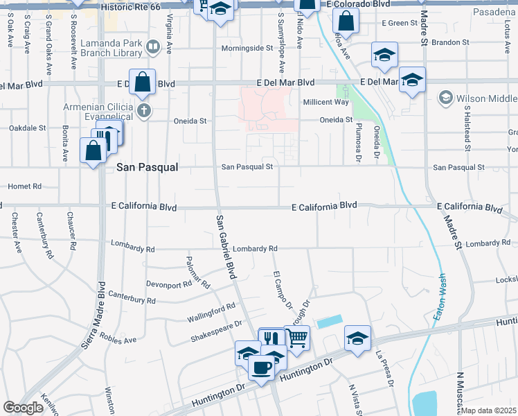 map of restaurants, bars, coffee shops, grocery stores, and more near 2830 East California Boulevard in Pasadena