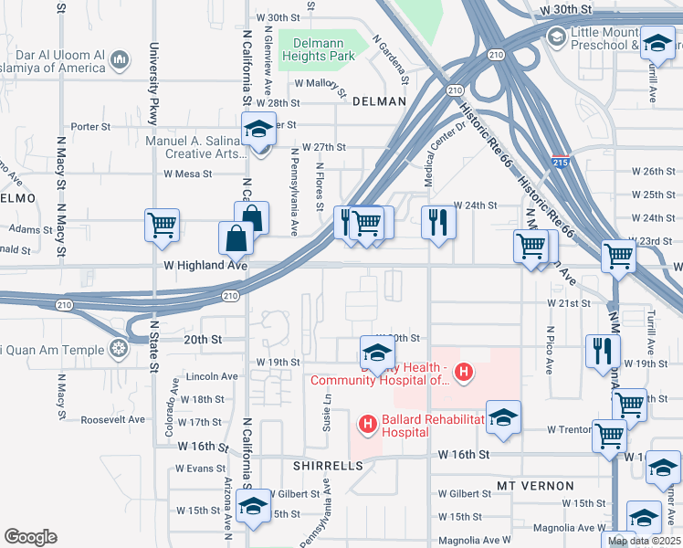 map of restaurants, bars, coffee shops, grocery stores, and more near 1795 West Highland Avenue in San Bernardino