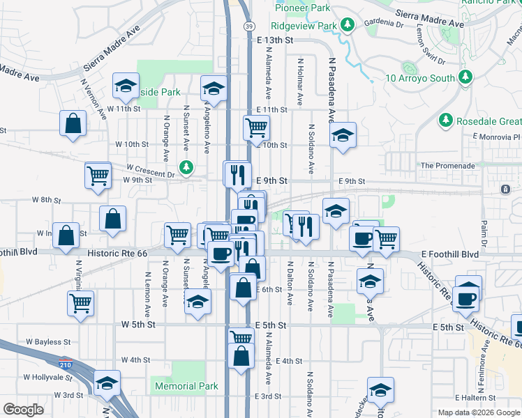 map of restaurants, bars, coffee shops, grocery stores, and more near North Azusa Avenue in Azusa