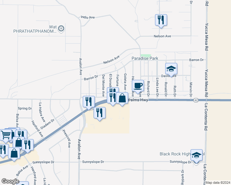 map of restaurants, bars, coffee shops, grocery stores, and more near 6458 Fortuna Avenue in Yucca Valley