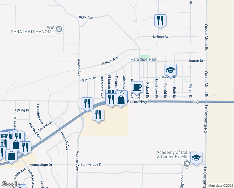 map of restaurants, bars, coffee shops, grocery stores, and more near 6459 Fortuna Avenue in Yucca Valley