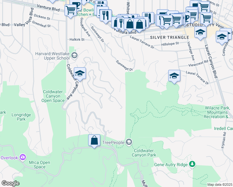 map of restaurants, bars, coffee shops, grocery stores, and more near 3623 Goodland Drive in Los Angeles