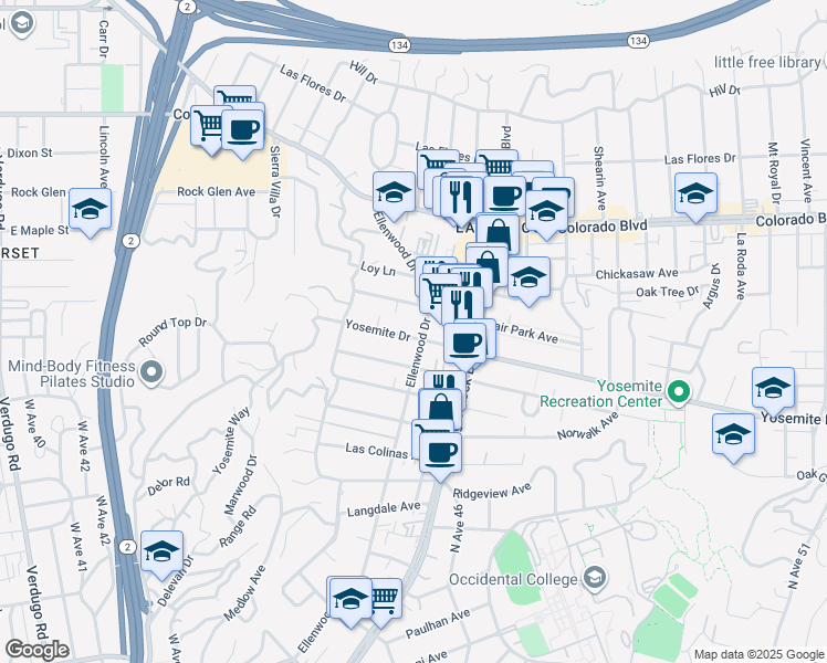 map of restaurants, bars, coffee shops, grocery stores, and more near 2307 Yosemite Drive in Los Angeles