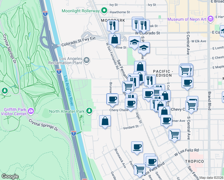 map of restaurants, bars, coffee shops, grocery stores, and more near Brunswick Avenue in Los Angeles