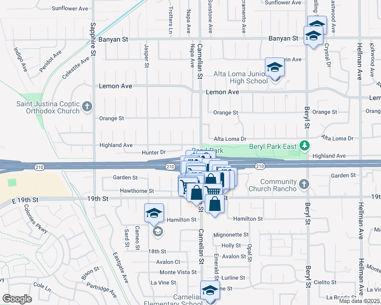 map of restaurants, bars, coffee shops, grocery stores, and more near 6526 Napa Avenue in Rancho Cucamonga