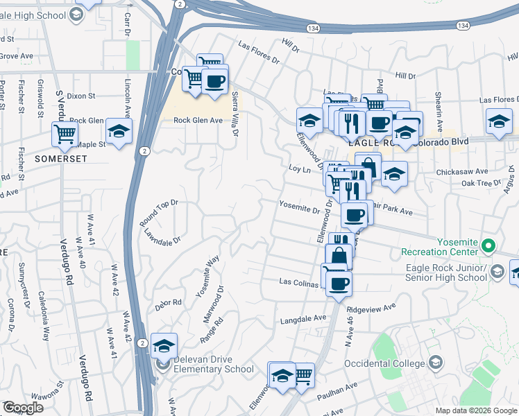 map of restaurants, bars, coffee shops, grocery stores, and more near 4836 Yosemite Way in Los Angeles
