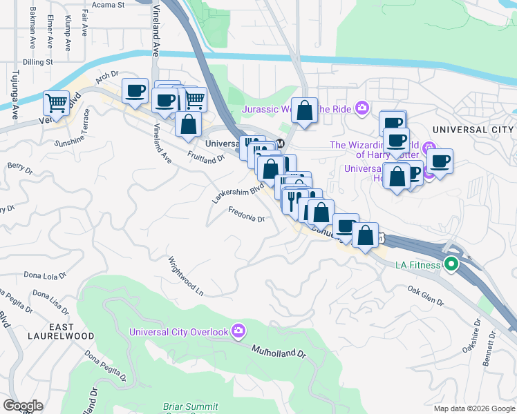 map of restaurants, bars, coffee shops, grocery stores, and more near 3935 Kentucky Drive in Los Angeles