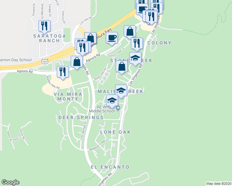 map of restaurants, bars, coffee shops, grocery stores, and more near 26675 Country Creek Lane in Calabasas