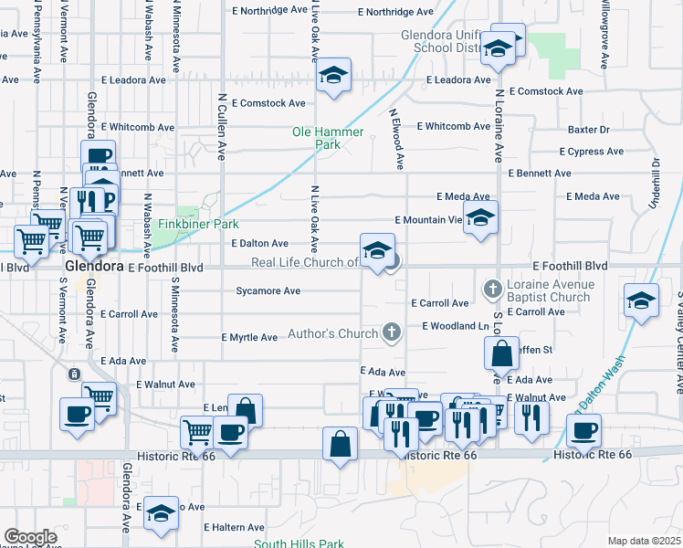 map of restaurants, bars, coffee shops, grocery stores, and more near 738 East Foothill Boulevard in Glendora