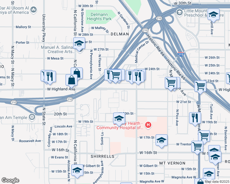 map of restaurants, bars, coffee shops, grocery stores, and more near 1761 West Highland Avenue in San Bernardino