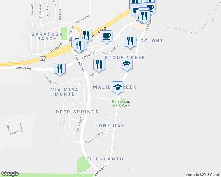 map of restaurants, bars, coffee shops, grocery stores, and more near 26675 Country Creek Lane in Calabasas