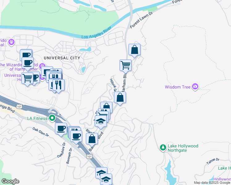 map of restaurants, bars, coffee shops, grocery stores, and more near 3234 Hillock Drive in Los Angeles