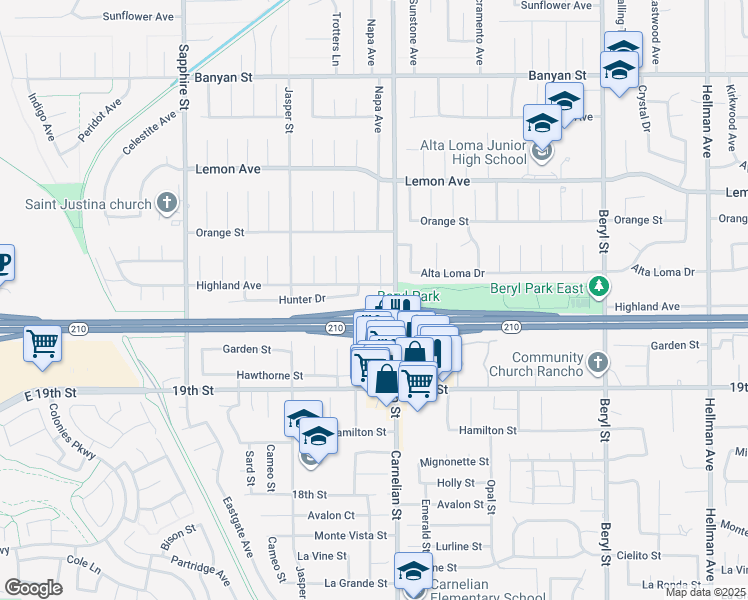 map of restaurants, bars, coffee shops, grocery stores, and more near 6526 Napa Avenue in Rancho Cucamonga