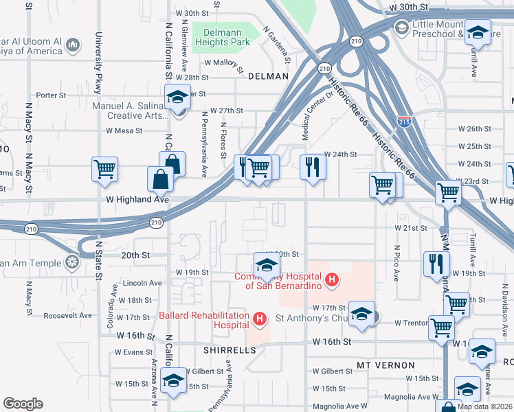 map of restaurants, bars, coffee shops, grocery stores, and more near 1761 West Highland Avenue in San Bernardino