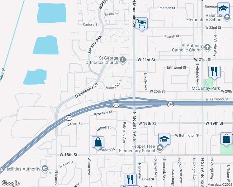 map of restaurants, bars, coffee shops, grocery stores, and more near 1989 White Rabbit Trail in Upland