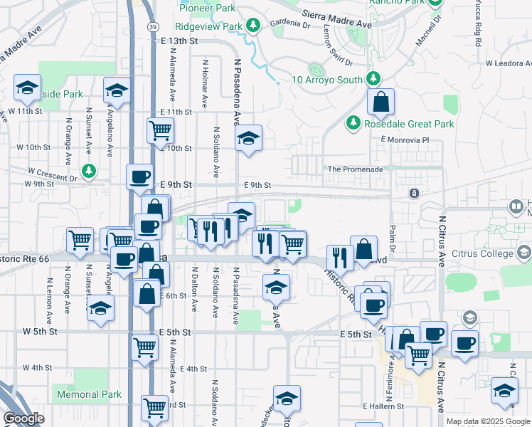 map of restaurants, bars, coffee shops, grocery stores, and more near 601 East 8th Street in Azusa