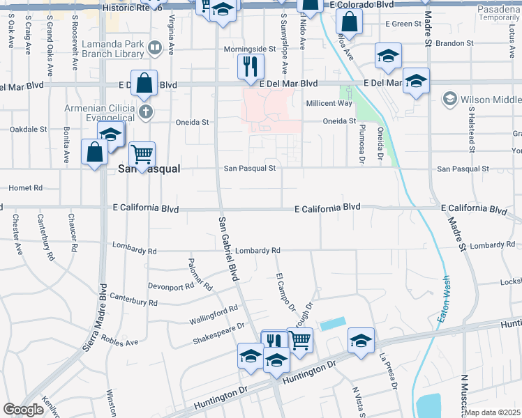 map of restaurants, bars, coffee shops, grocery stores, and more near 2840 East California Boulevard in Pasadena