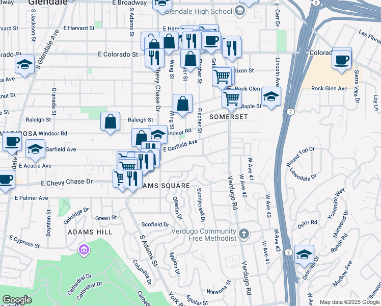 map of restaurants, bars, coffee shops, grocery stores, and more near 1302 East Acacia Avenue in Glendale