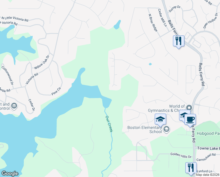 map of restaurants, bars, coffee shops, grocery stores, and more near 401 Dockside Cove in Woodstock