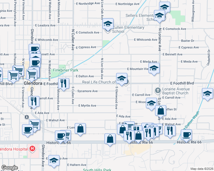 map of restaurants, bars, coffee shops, grocery stores, and more near 743 Sycamore Avenue in Glendora